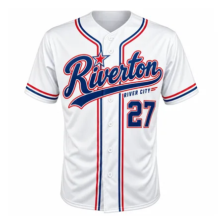 White Riverton adult league baseball jersey with red and navy script