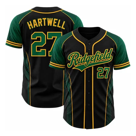 Black and green Ridgefield adult league baseball jerseys, front and back