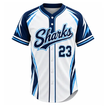 White and blue Sharks adult league baseball jersey with number 23