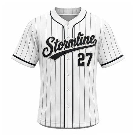 White pinstripe Stormline adult league baseball jersey with number 27
