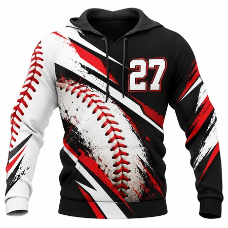 White baseball hoodie with red stitch print and number 27