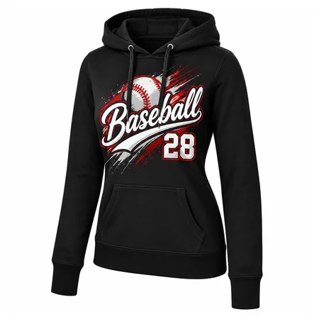 Black baseball hoodie with red Baseball script and number 28