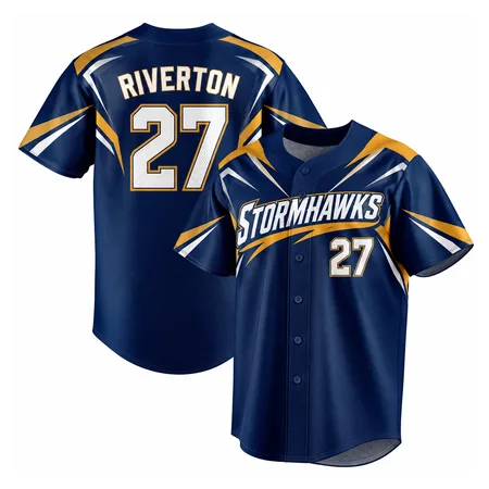 Navy and gold Stormhawks baseball jersey t-shirts, front and back