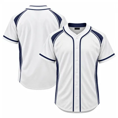 White blank baseball jersey with navy shoulder panels, front and back