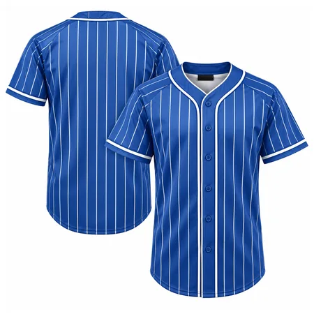 Royal blue pinstripe blank baseball jerseys, front and back