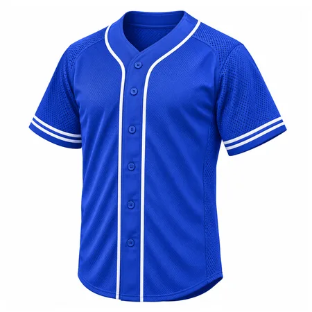 Royal blue blank button-up baseball jersey with white piping