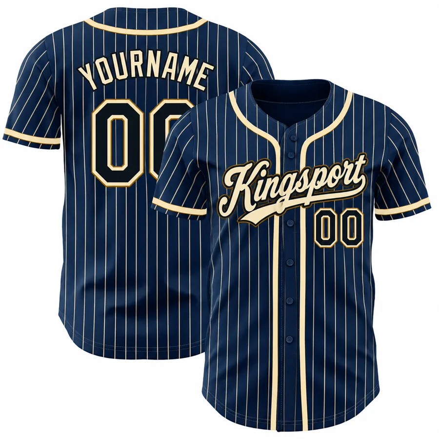 Navy pinstripe button-up baseball jerseys with Kingsport script and gold numbers