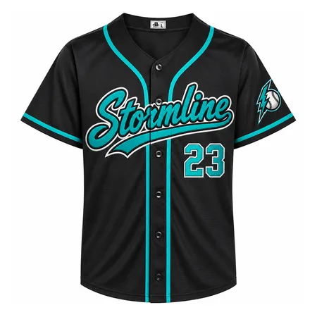 Black button-up baseball jersey with teal Stormline script and number 23