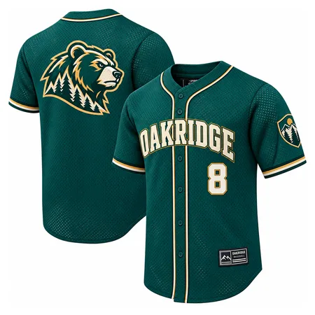 Dark green Oakridge button-up baseball jersey with bear logo, front and back