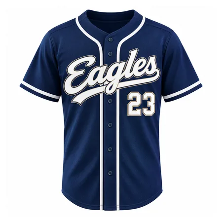 Navy Eagles button-up baseball jersey with white script and number 23