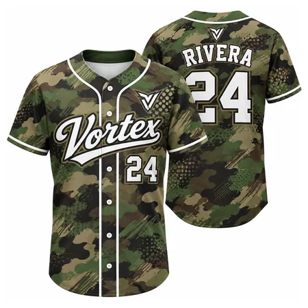 Green camo Vortex baseball jerseys with player name and number 24
