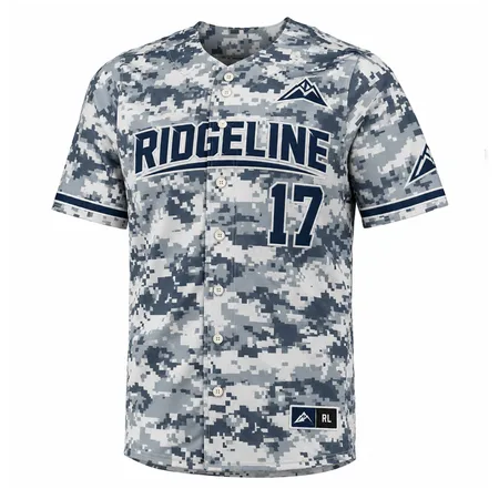 Grey digital camo Ridgeline baseball jersey with number 17