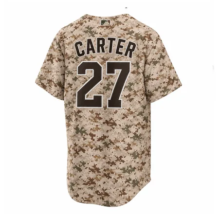 Tan digital camo baseball jersey back with Carter and number 27