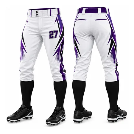 White baseball pants with purple side panels, front and back