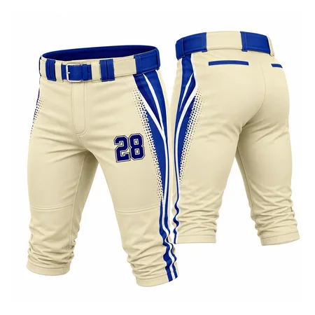 Cream baseball pants with royal blue piping and number 28
