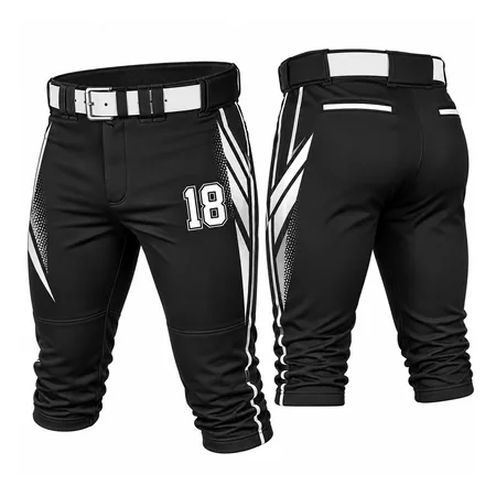 Black baseball pants with white side design and number 18