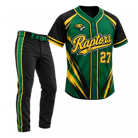 Green and gold Raptors baseball uniform set with black pants