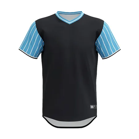 Black V-neck baseball jersey with sky blue pinstripe sleeves