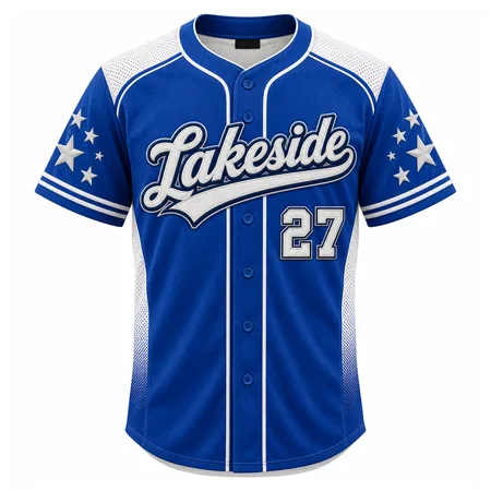 Royal blue Lakeside embroidered baseball jersey with stars and number 27