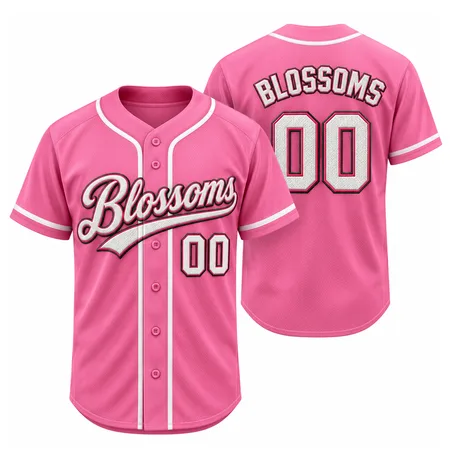 Pink Blossoms embroidered baseball jerseys, front and back