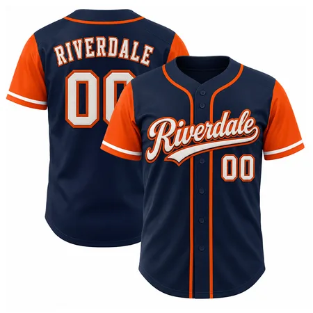 Navy and orange Riverdale embroidered baseball jerseys, front and back