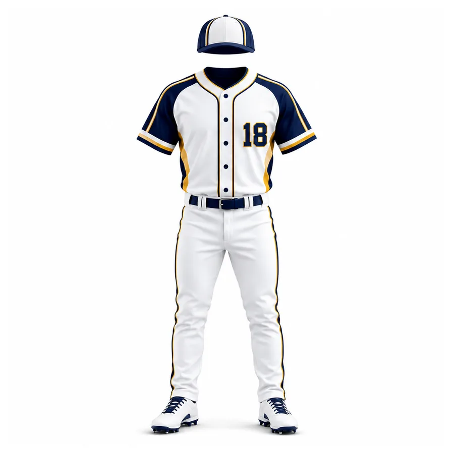 Navy and white high school baseball uniform with cap, jersey and pants