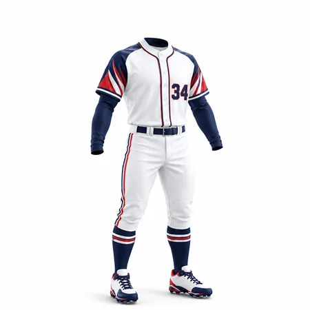 White high school baseball uniform with navy and red trim, front and back