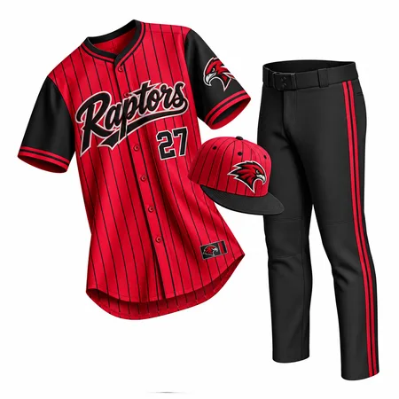 Red pinstripe Raptors high school baseball uniform with cap and pants