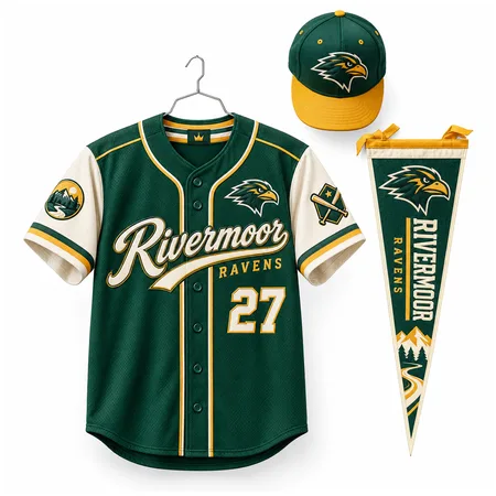 Green Rivermoor Ravens little league jersey with cap and pennant