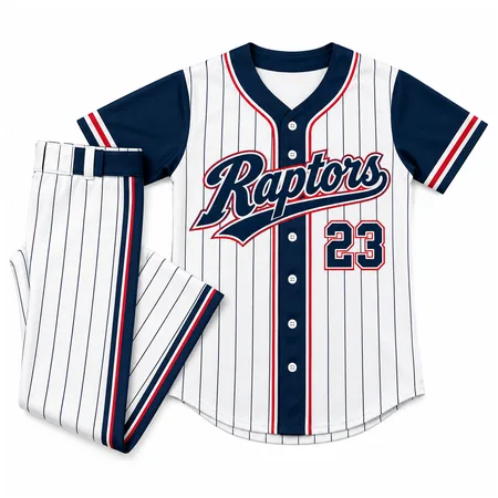 White pinstripe Raptors little league uniform with navy trim