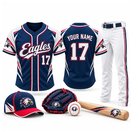 Navy Eagles little league jerseys with pants, cap and glove