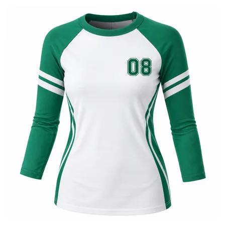 Green and white raglan long sleeve baseball shirt with number 08