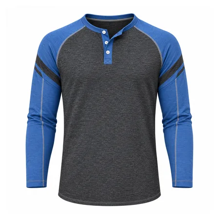 Blue and charcoal henley long sleeve baseball shirt