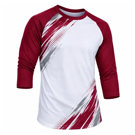 Maroon and white raglan long sleeve baseball shirt with print