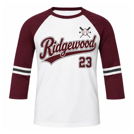 Maroon and white Ridgewood raglan long sleeve baseball shirt