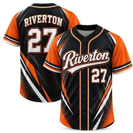 Black and orange Riverton men's baseball jerseys, front and back