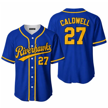 Royal and gold Riverhawks men's baseball jerseys with number 27