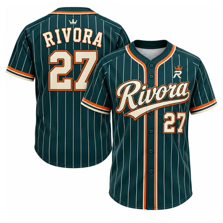 Dark green pinstripe Rivora baseball jerseys, front and back
