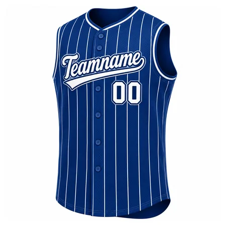 Royal pinstripe sleeveless baseball jersey with Teamname script
