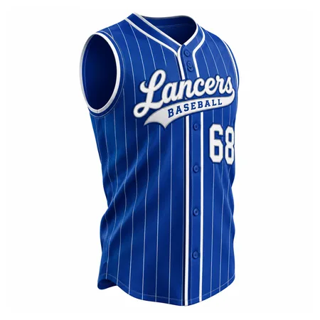 Royal pinstripe Lancers sleeveless baseball jersey with number 68