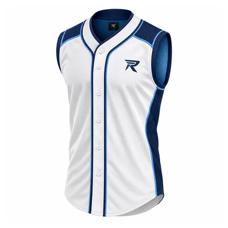 White sleeveless baseball jersey with royal piping