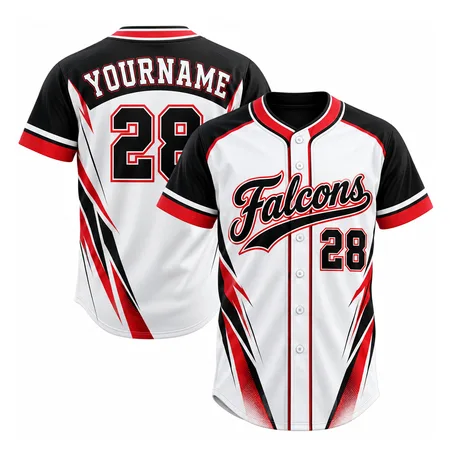 White and black Falcons team baseball jerseys with number 28