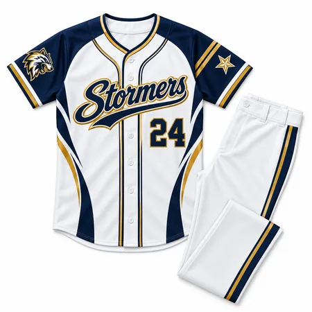 White and navy Stormers travel ball uniform with pants