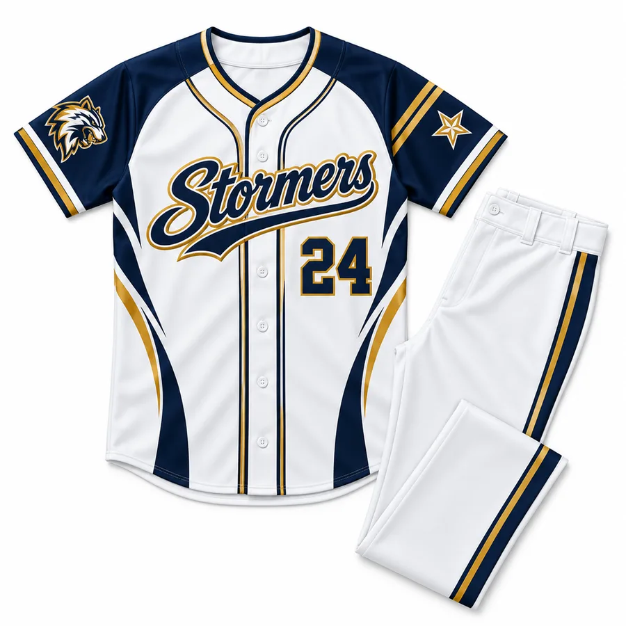 White and navy Stormers travel ball uniform with pants