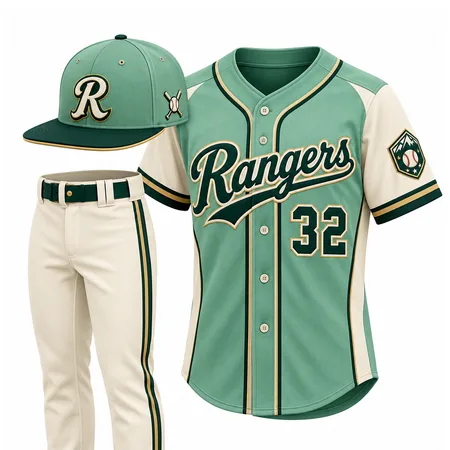 Sage green Rangers travel ball uniform with cap and cream pants