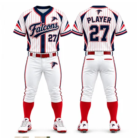 White pinstripe Falcons travel ball uniform with red socks, front and back