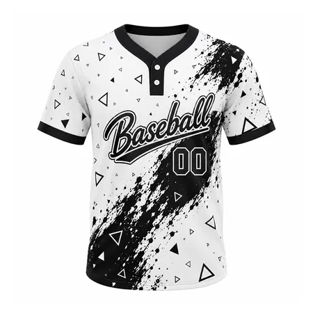 White two-button baseball jersey with black splatter print