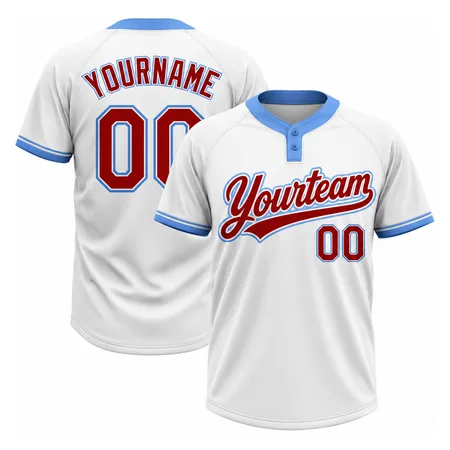 White two-button baseball jerseys with red Yourteam script, front and back