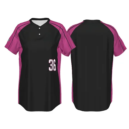 Black two-button jersey with pink raglan sleeves, front and back