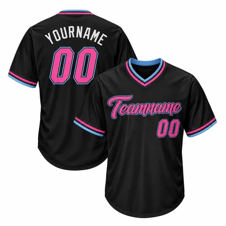 Black V-neck baseball jerseys with pink Teamname script, front and back